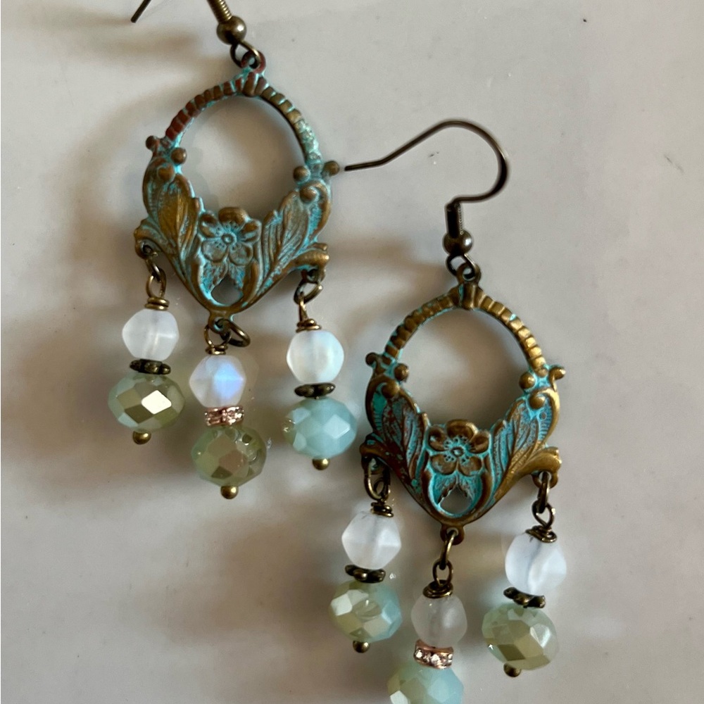 Art Nouveau Style Verdigris Earrings Czech Glass Drops - Picture 1 of 15